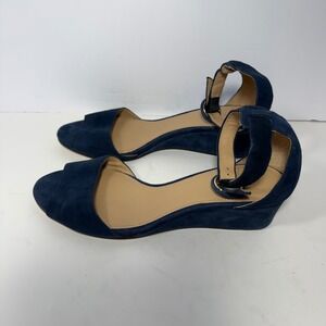 J.Crew Navy Blue Suede Ankle Strap Wedge Sandals E8356 Womens 6.5 Brazil